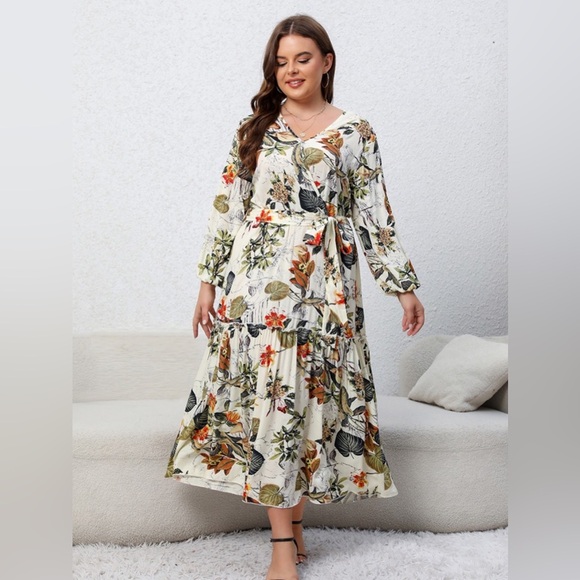 Plus Size Floral Tied Balloon Sleeve Midi Dress - Picture 1 of 3